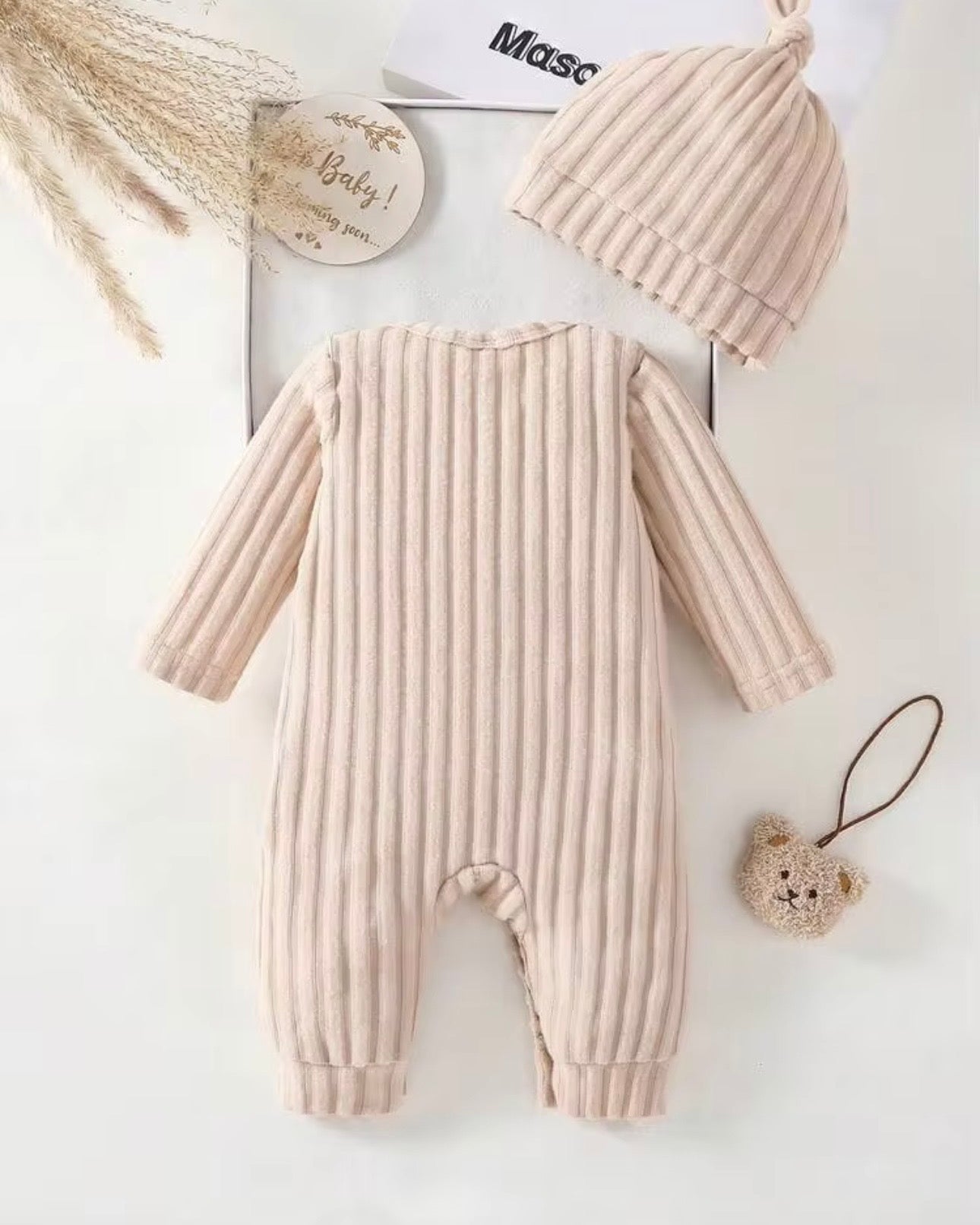 Newborn Baby Unisex Jumpsuit Set – Bear Embroidery Long-Sleeve Romper With Hat