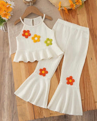 Girls 3D Floral Ruffle Crop Top & Flared Pants Set