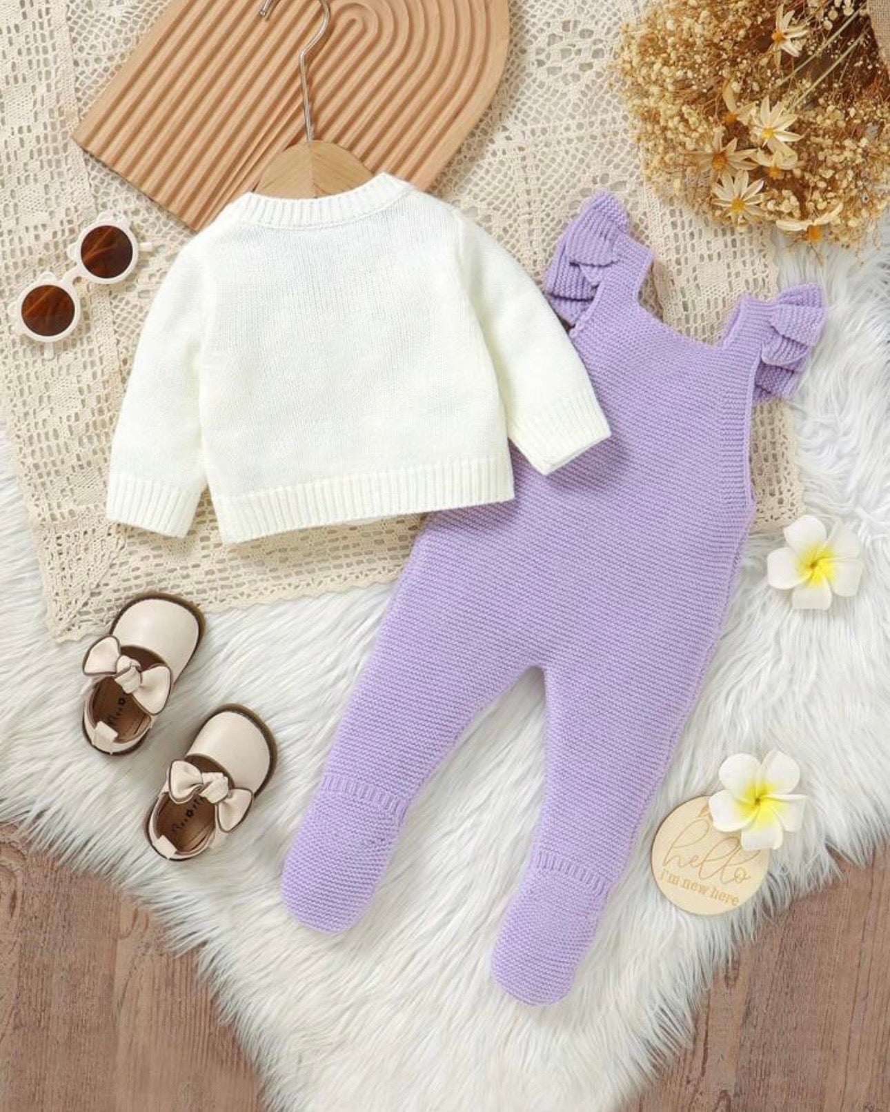 Newborn Baby Girl Purple 3D Floral Pattern Knitted Cardigan And Romper
