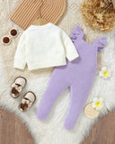 Newborn Baby Girl Purple 3D Floral Pattern Knitted Cardigan And Romper