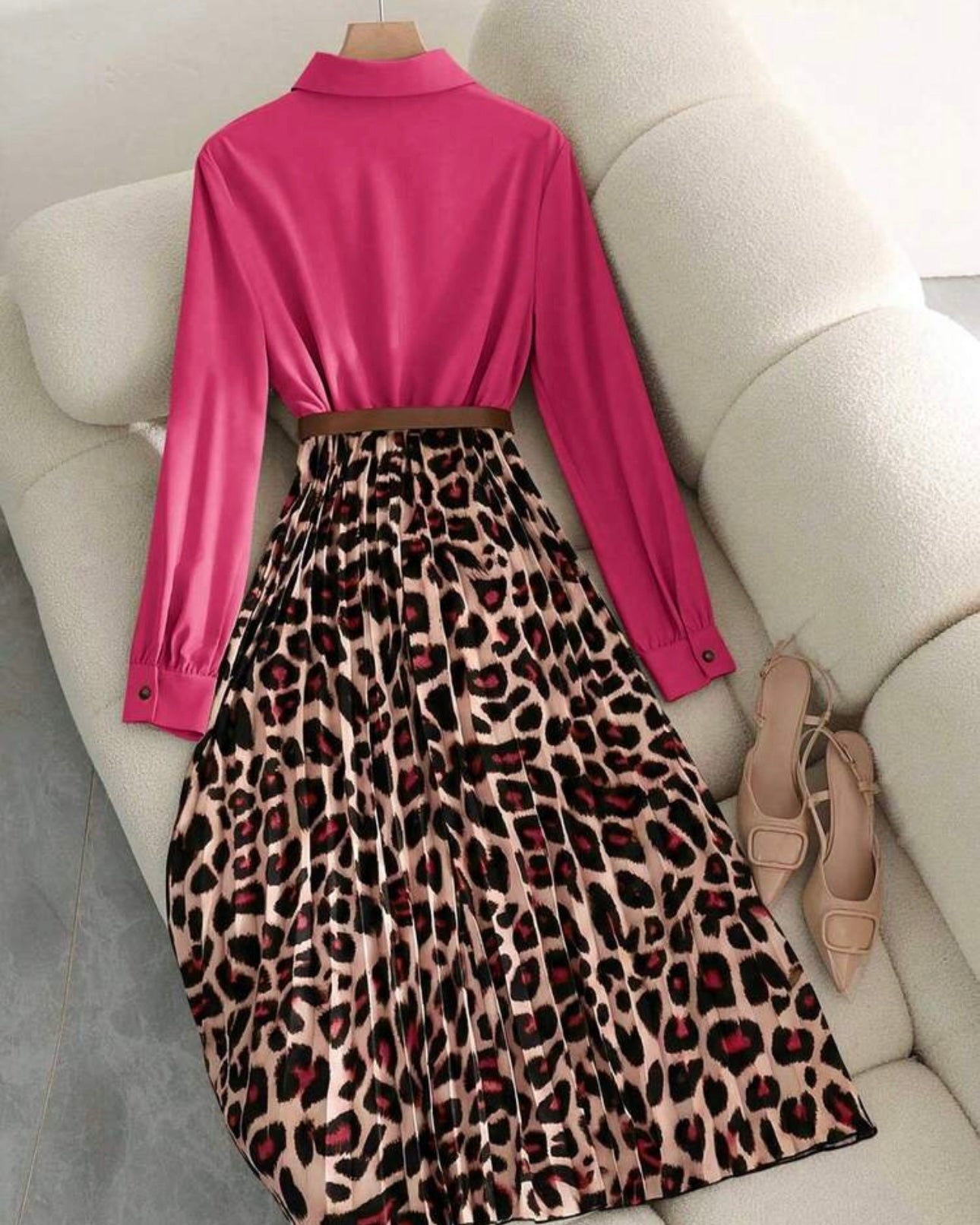 Women's Elegant Waist Cinched Slim Fit Leopard Print Pleated Flare Maxi Dress