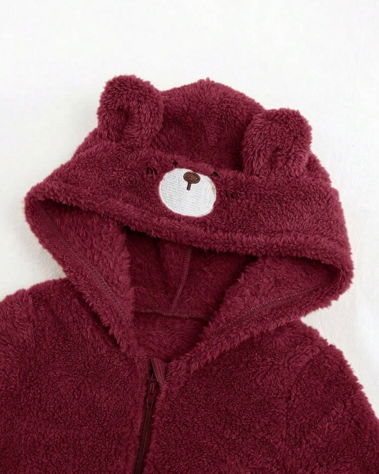 Baby Boy Meroon Bear Pattern Winter Hooded Jumpsuit