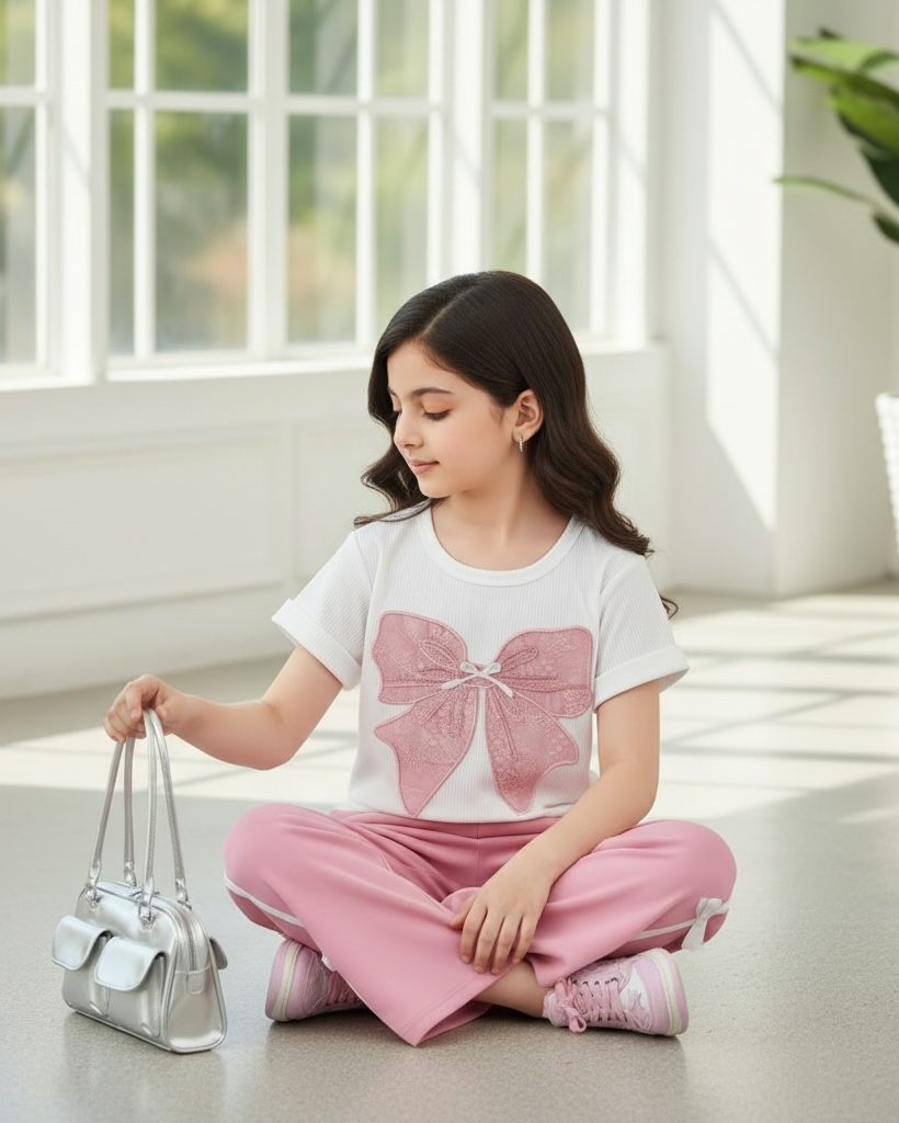 Tween Girls Pink Graphic Tee & Bow Pants Set
