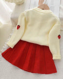 Girls' Red Long Sleeve Fruit Pom Pom Decorated Sweater And Pleated Skirt