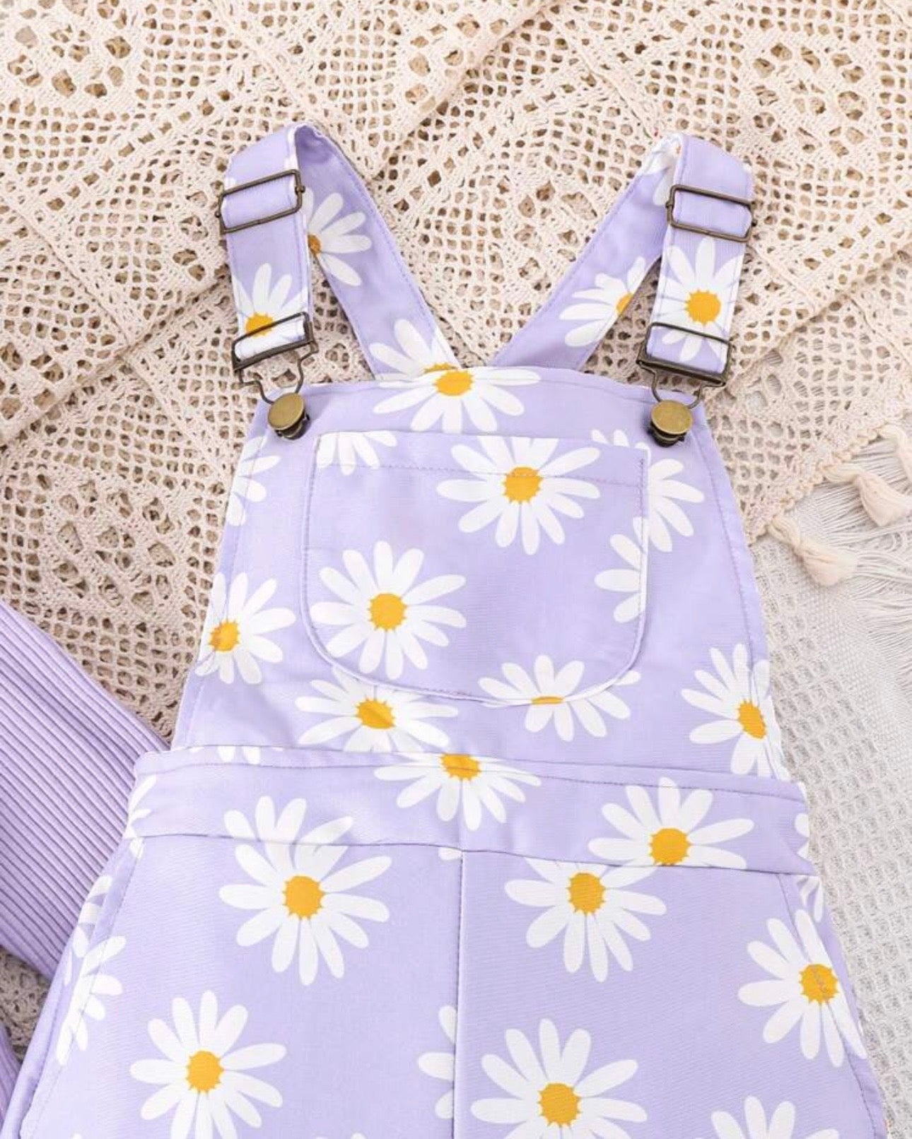 Tween Girl 2-Piece Daisy Flower Print Jumpsuit & Purple Long Sleeve T-Shirt Set