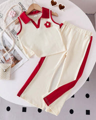 2pcs Girls 3D Floral Knitted White and Red Polo Vest And Flared Pants