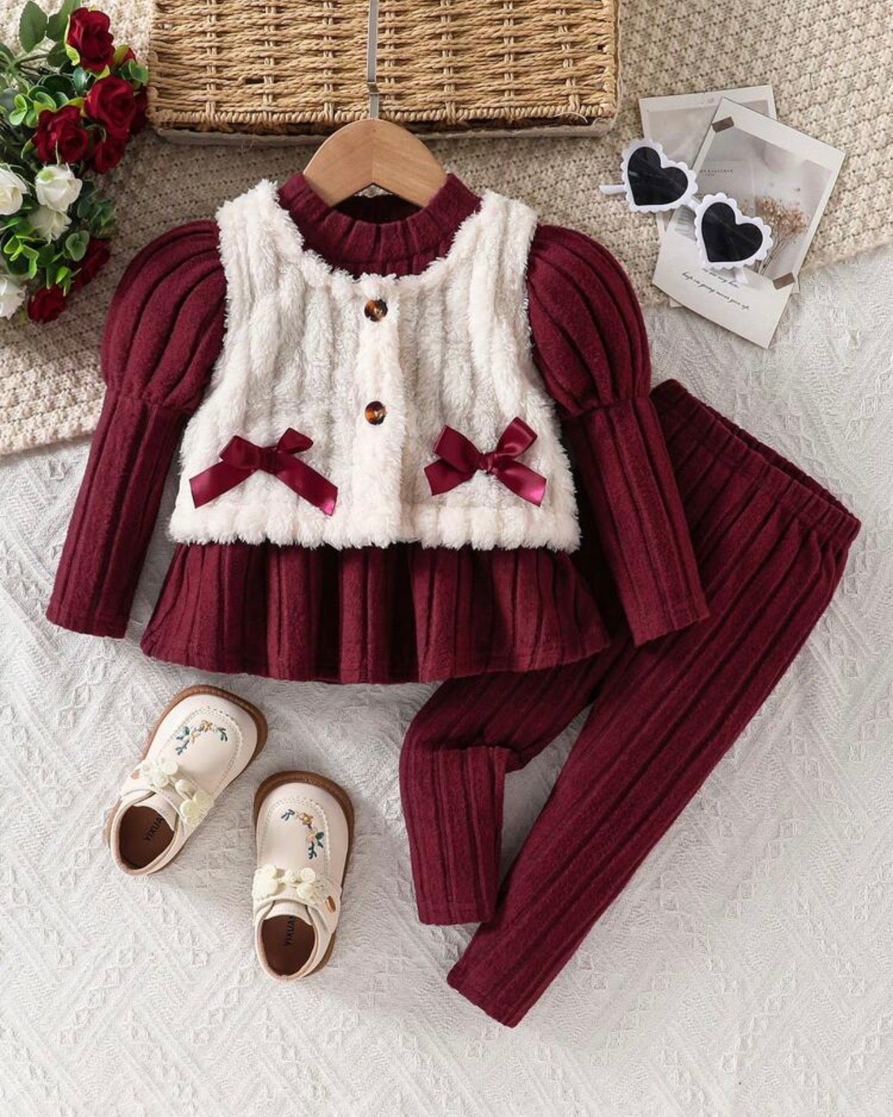 Baby Girls Red Dress, Vest Jacket & Pants 3-Piece Outfit Set