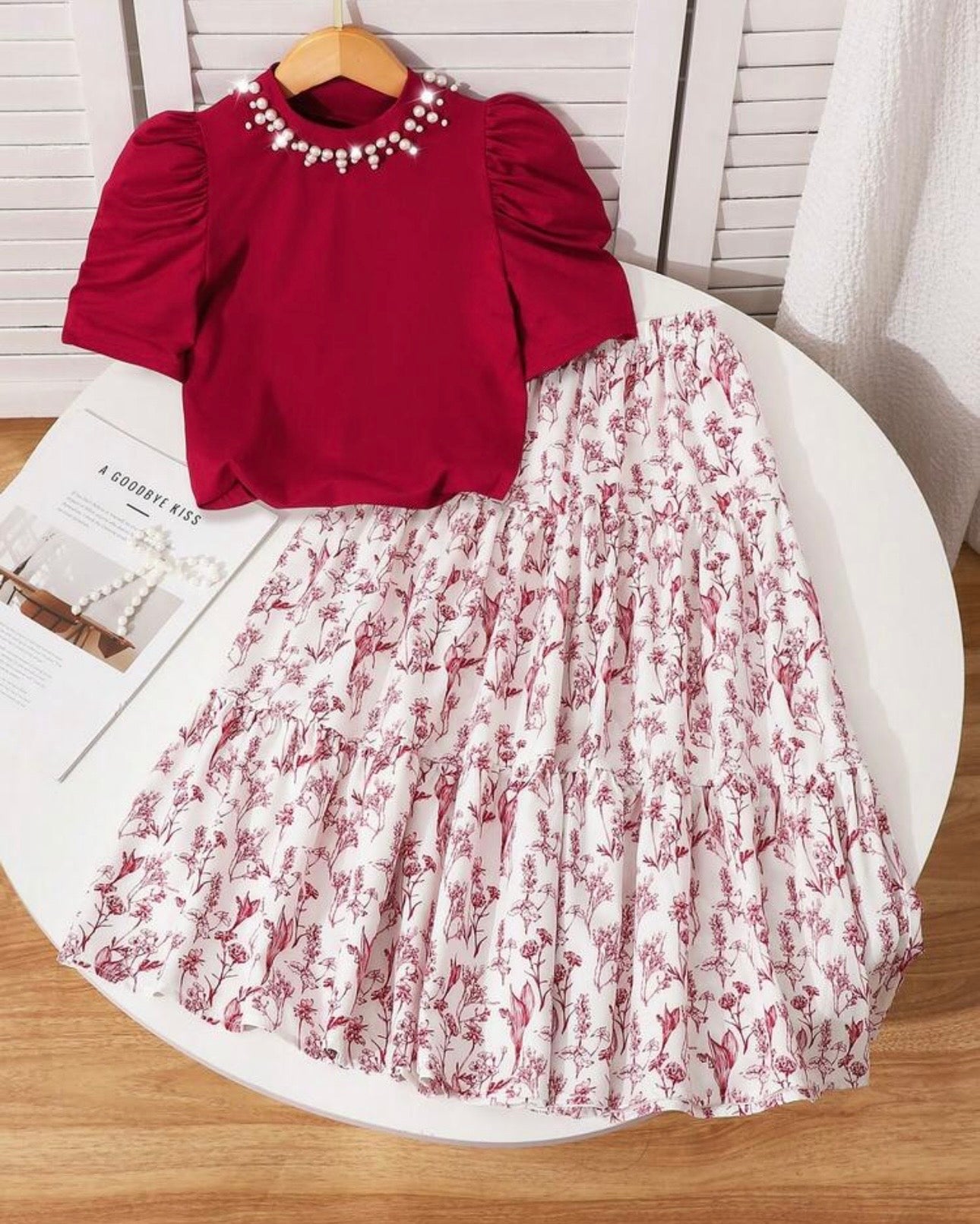 Tween Girl 2Pcs Outfit – Red Faux Pearl Top & Floral Ruffle Skirt Set
