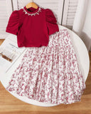 Tween Girl 2Pcs Outfit – Red Faux Pearl Top & Floral Ruffle Skirt Set