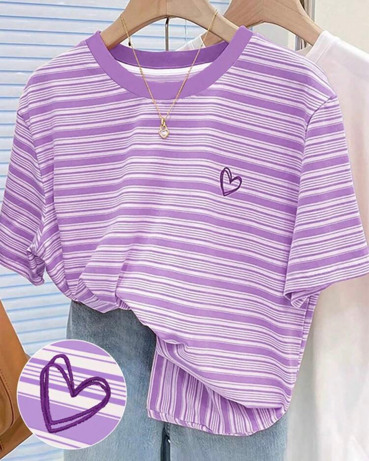 Purple Striped Digital Print & Heart Embroidery Regular Crew Neck T-Shirt