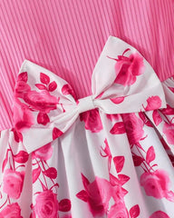 Girls’ Pink Summer Ruffled Sleeve Bow-Tie Floral Print Dress