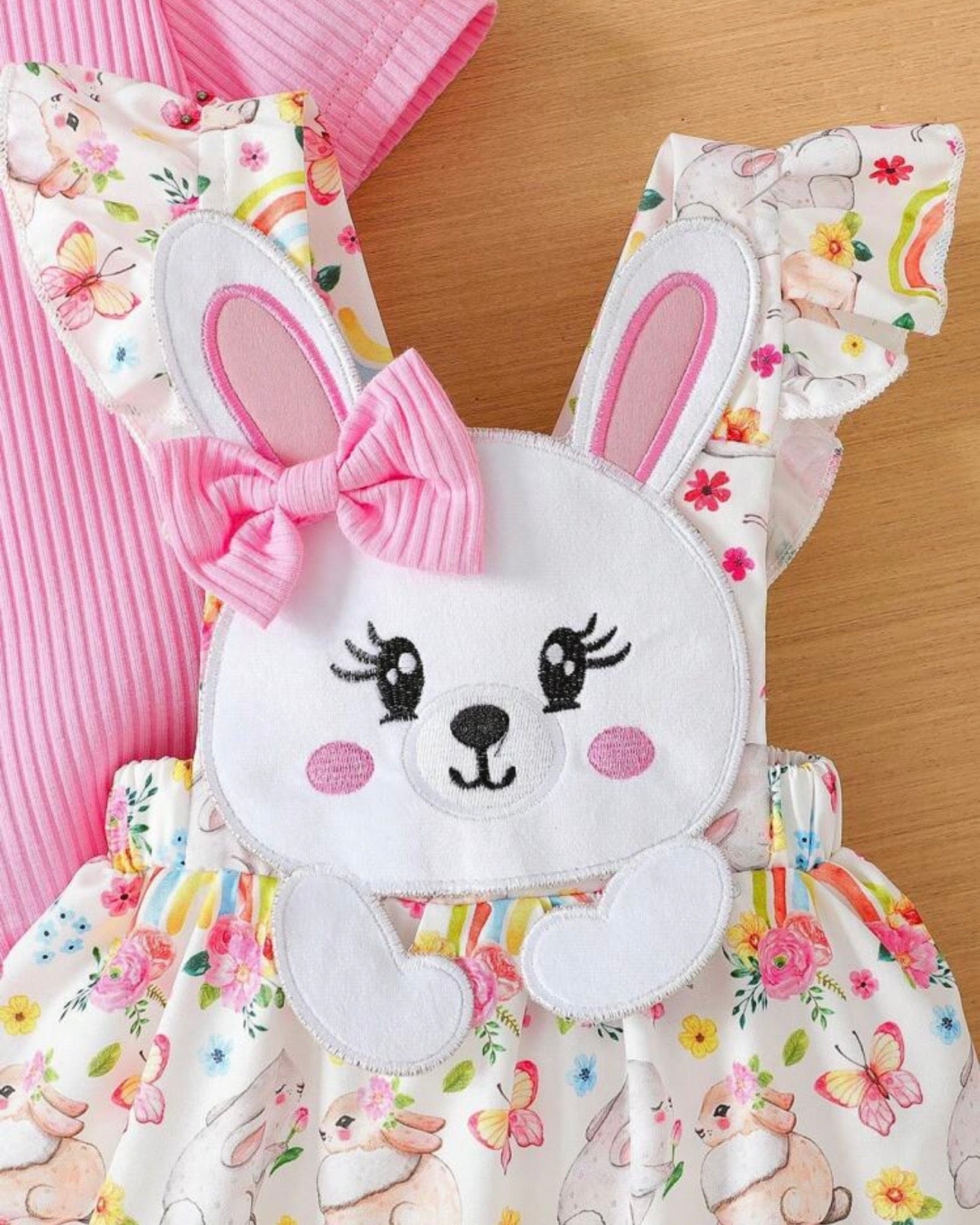 3pcs Baby Girls Pink Ribbed Romper & Ruffled Overall Dress Set with Bow Headband