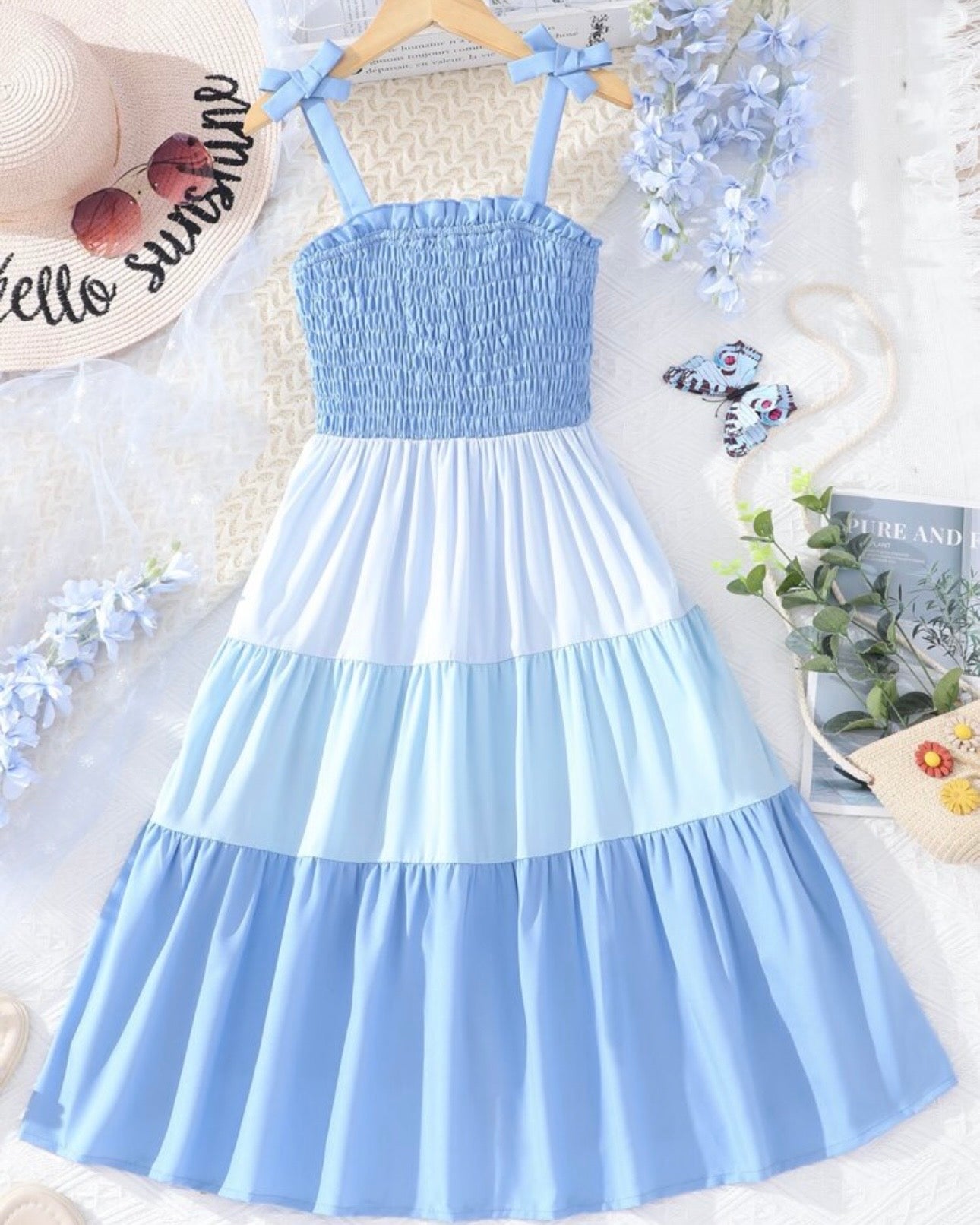 Tween Girl Blue Colorblock Bow Shoulder Ruffle Hem Cami Dress