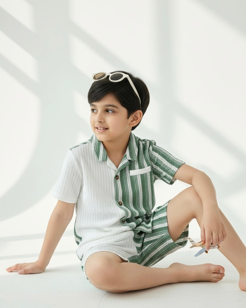 2pcs Boys Casual Green Striped Outfit Set – Short Sleeve Shirt & Matching Bottoms