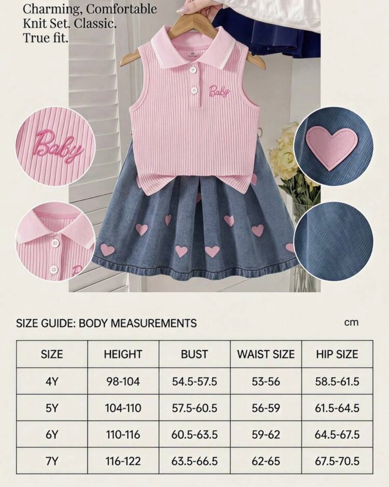 Girls’ Pink Polo Knit Top & Light Blue Heart Print Denim Skirt