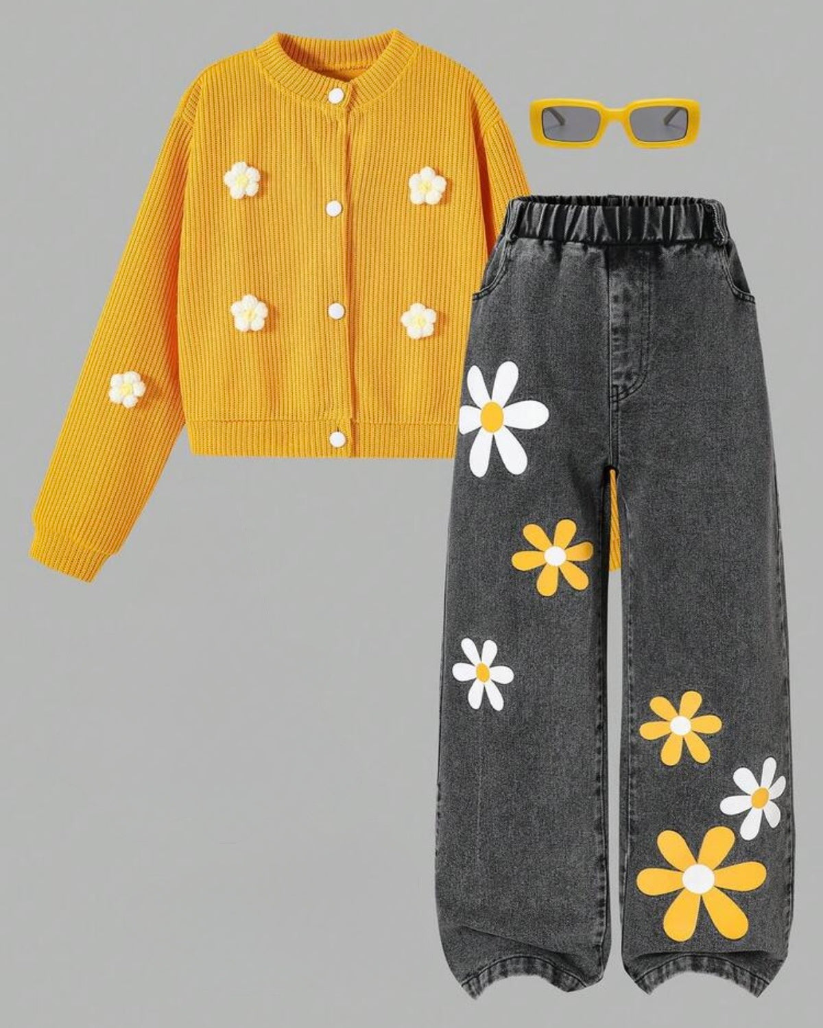 Tween Girls Yellow 3D Floral Cardigan & Vintage Washed Blue Jeans Set