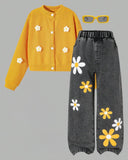 Tween Girls Yellow 3D Floral Cardigan & Vintage Washed Blue Jeans Set