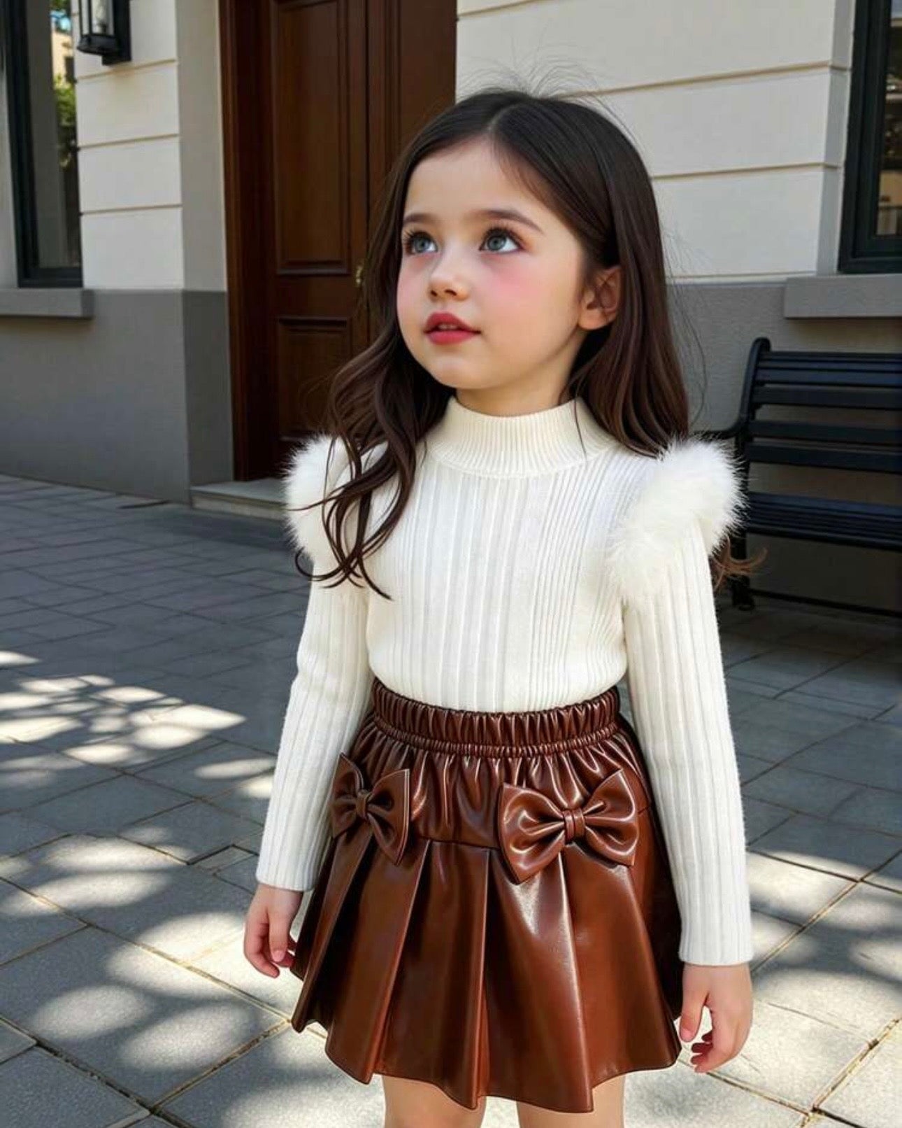 Baby Girl Fluffy Trim T-Shirt & 3D Bow  Brown Pleated Skirt
