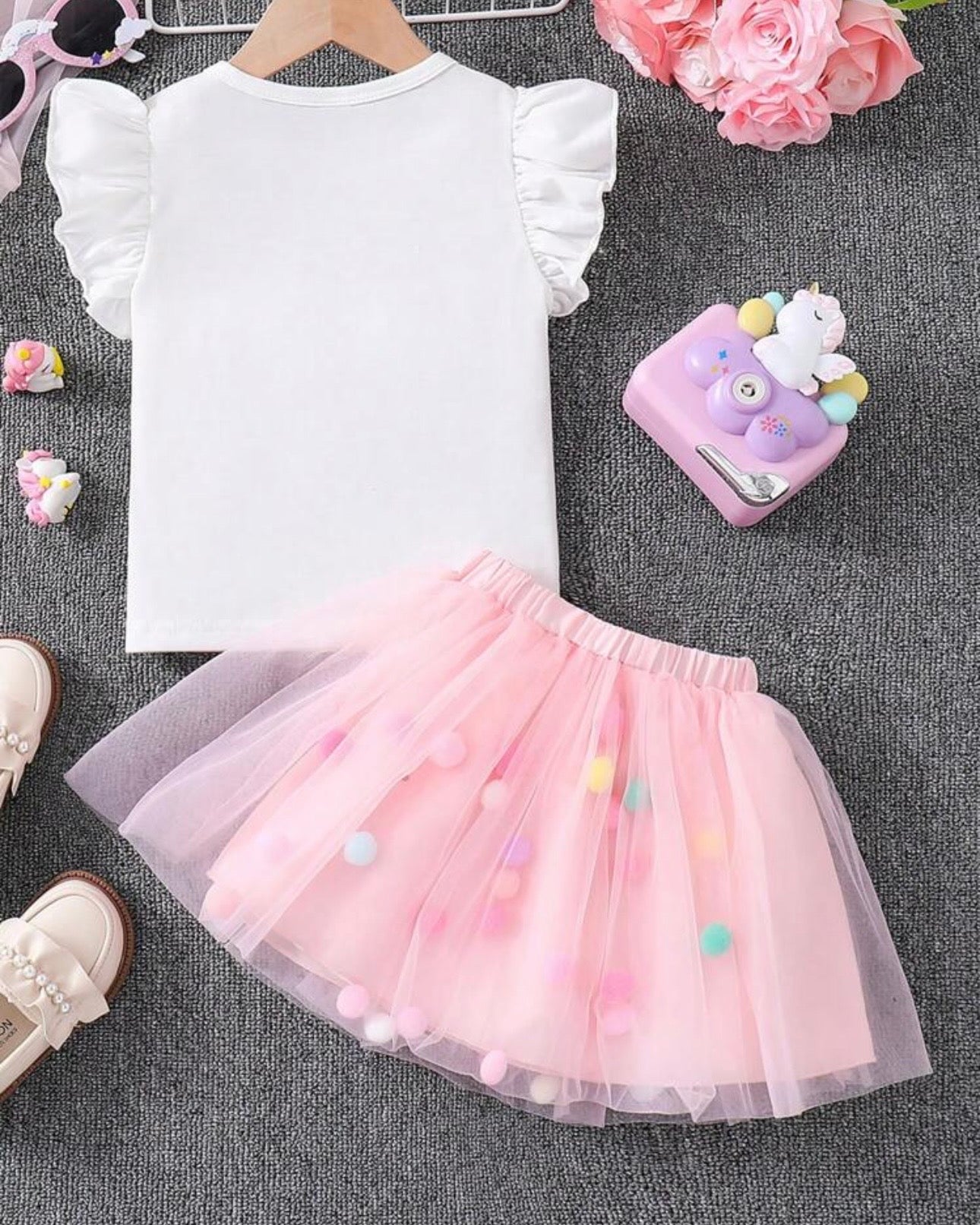 Girls Pink 3D Unicorn Cap Sleeve T-Shirt & Mesh Skirt 2-Piece Set