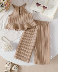 2pcs Baby Girls' khaki colour Spaghetti Strap Camisole Top With 3D Bow Decor Straight Leg Pants Set