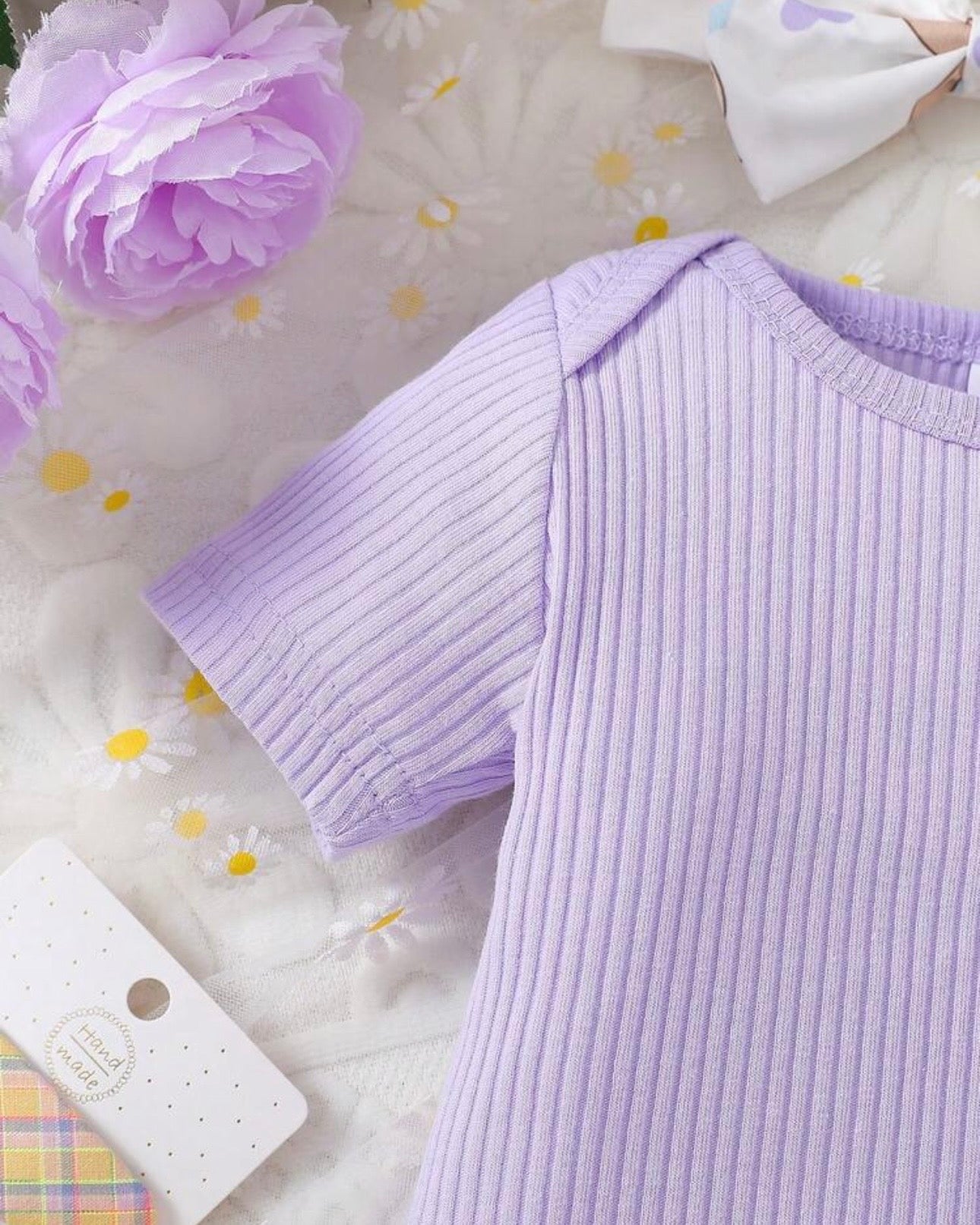 3pcs Baby Girls Purple Ribbed Romper & Ruffled Overall Dress Set with Bow Headband