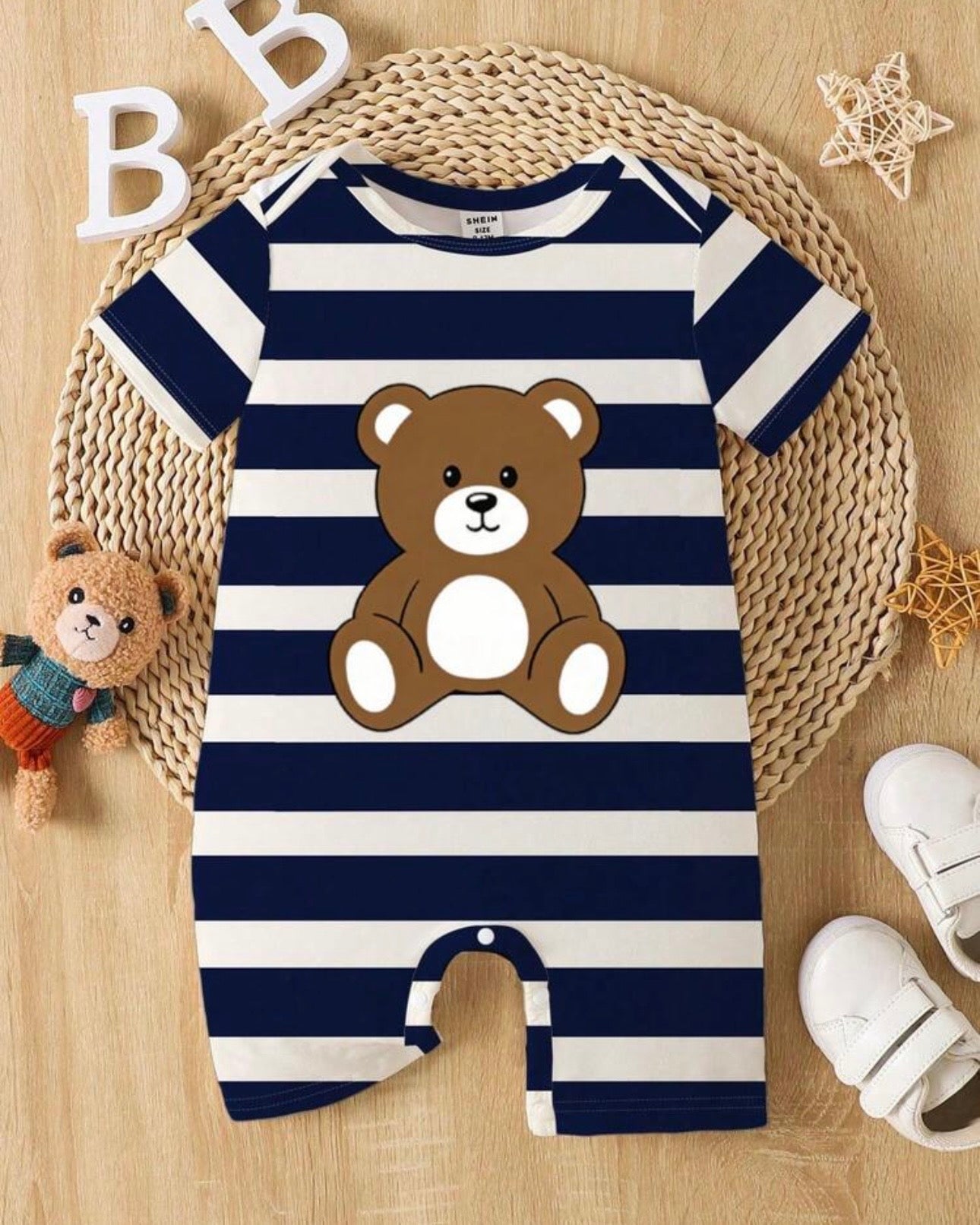 Baby Boy Striped Bear Print Short Sleeve Romper