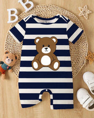 Baby Boy Striped Bear Print Short Sleeve Romper