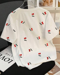 Women's Casual Cherry Print Short Sleeve T-Shirt, Summer