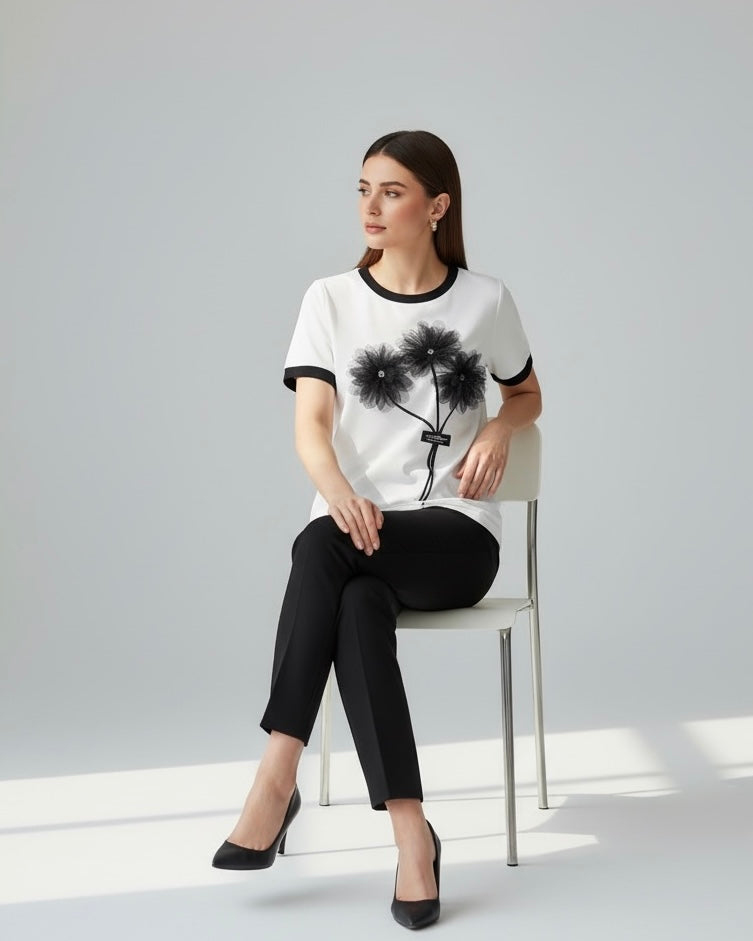 Plus Size Women B&W 3D Floral Embellishment T-Shirt