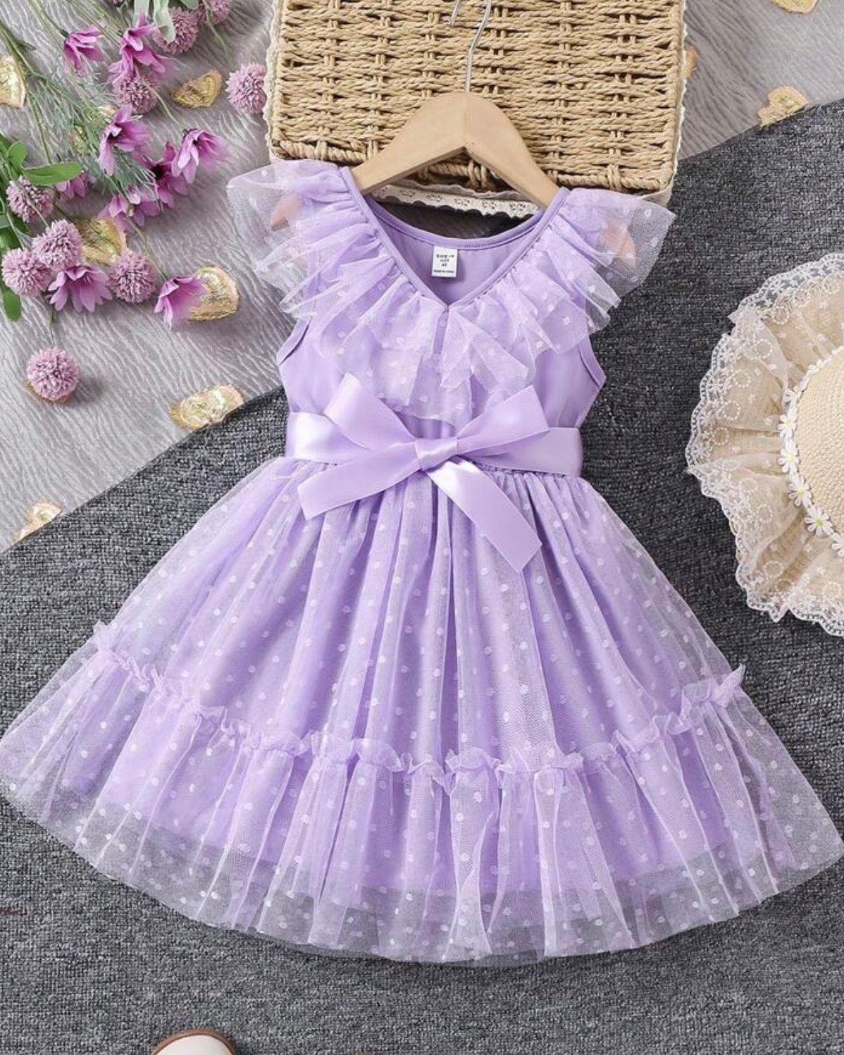 Kids Young Girl V-Neck Mauve purple Mesh Dress With Ruffles And Pleats