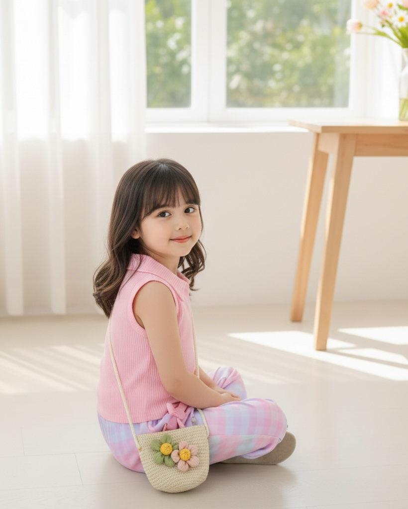 2pcs Girls’ Pink Knit Shirt & Ombre Plaid Pants