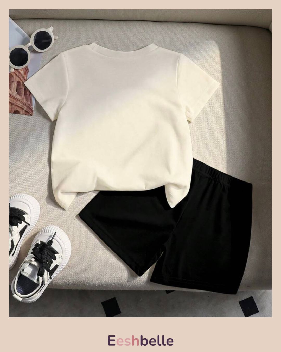 2pcs Boys Striped White & Black Polo Style Shirt and Shorts Set