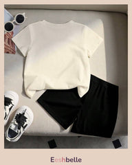2pcs Boys Striped White & Black Polo Style Shirt and Shorts Set