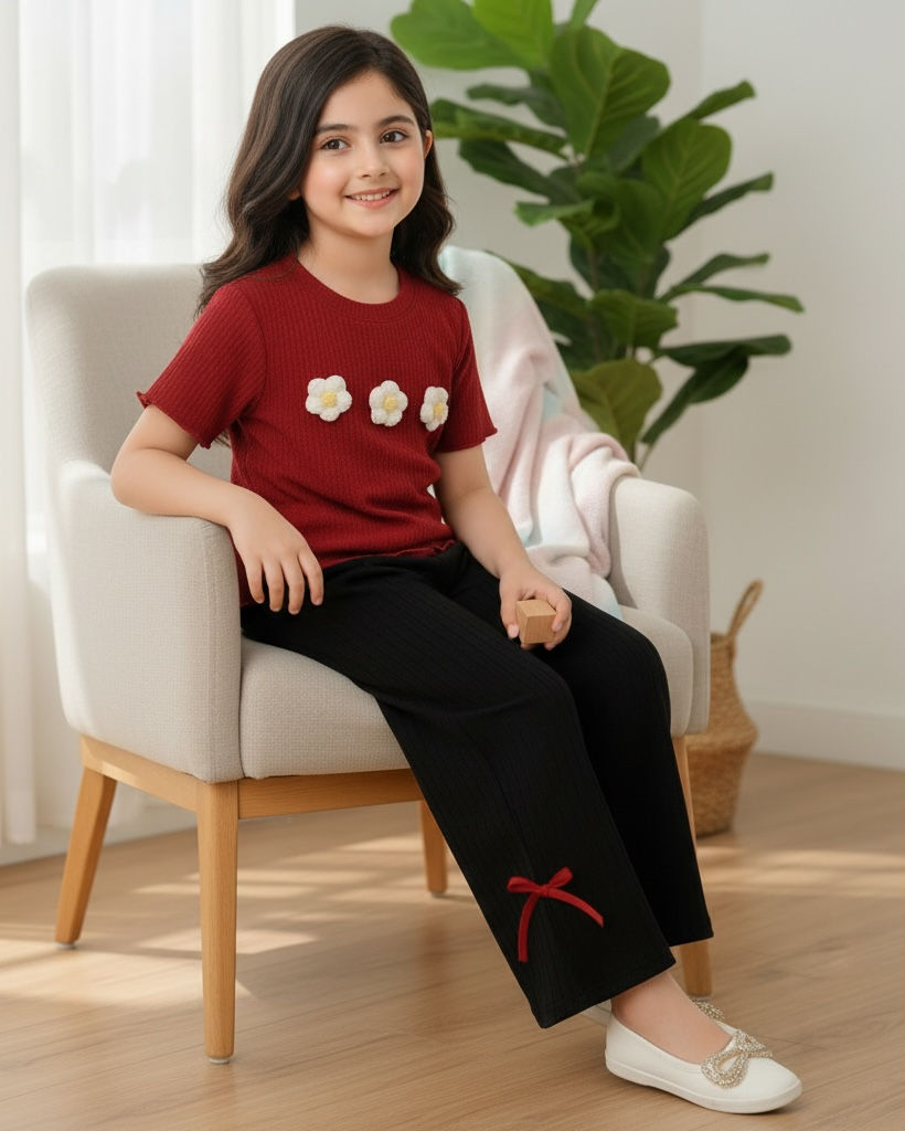 Girls Red and Black 3D Floral Textured T-Shirt & Pants Set – 2pcs Casual Outfit