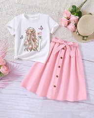 Tween Girl Cartoon Printed Pink Short Sleeve T-Shirt And Waist-Tied Skirt