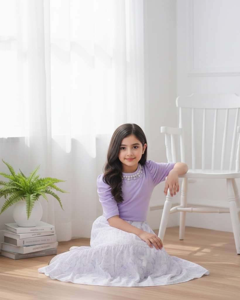 Tween Girl 2Pcs Outfit – Light Purple Faux Pearl Top & Floral Ruffle Skirt Set