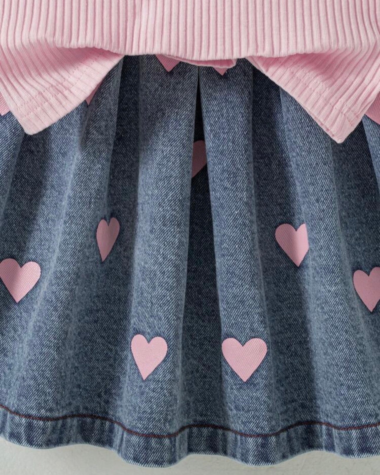 Girls’ Pink Polo Knit Top & Light Blue Heart Print Denim Skirt