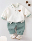 2pcs Baby Boy Bear Knit Pullover Sweatshirt & Sea Green Winter Pants