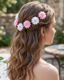 6/12 Pcs  Pink & White Rhinestone Flower Hair Clips