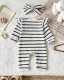Newborn Baby Girl 2-Piece Black & White Striped Knit Romper Set with Headband