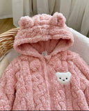 Baby Girl Winter 3D Pink Fluffy Heart Pattern Zipper Hooded Romper