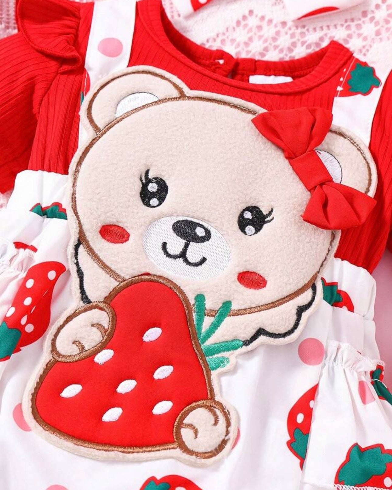 Baby Girls' Ruffle Sleeve Patchwork Cartoon Bear Bow Embroidered Dress + Headband