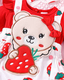 Baby Girls' Ruffle Sleeve Patchwork Cartoon Bear Bow Embroidered Dress + Headband