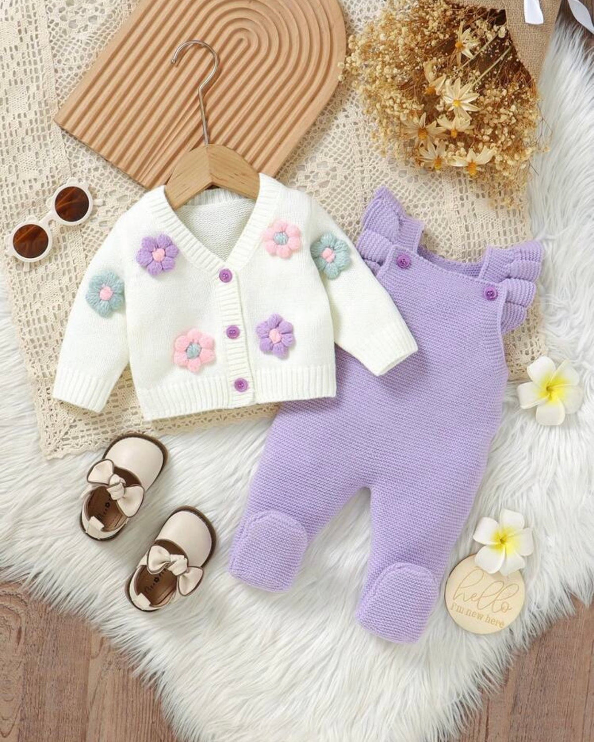 Newborn Baby Girl Purple 3D Floral Pattern Knitted Cardigan And Romper