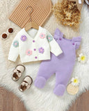 Newborn Baby Girl Purple 3D Floral Pattern Knitted Cardigan And Romper