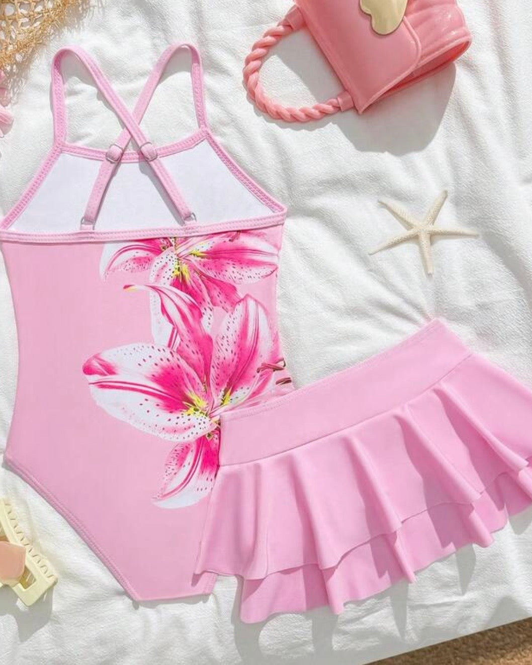 Young Girls Pink Floral Print One-Piece Swimsuit With Ruffle Skirt