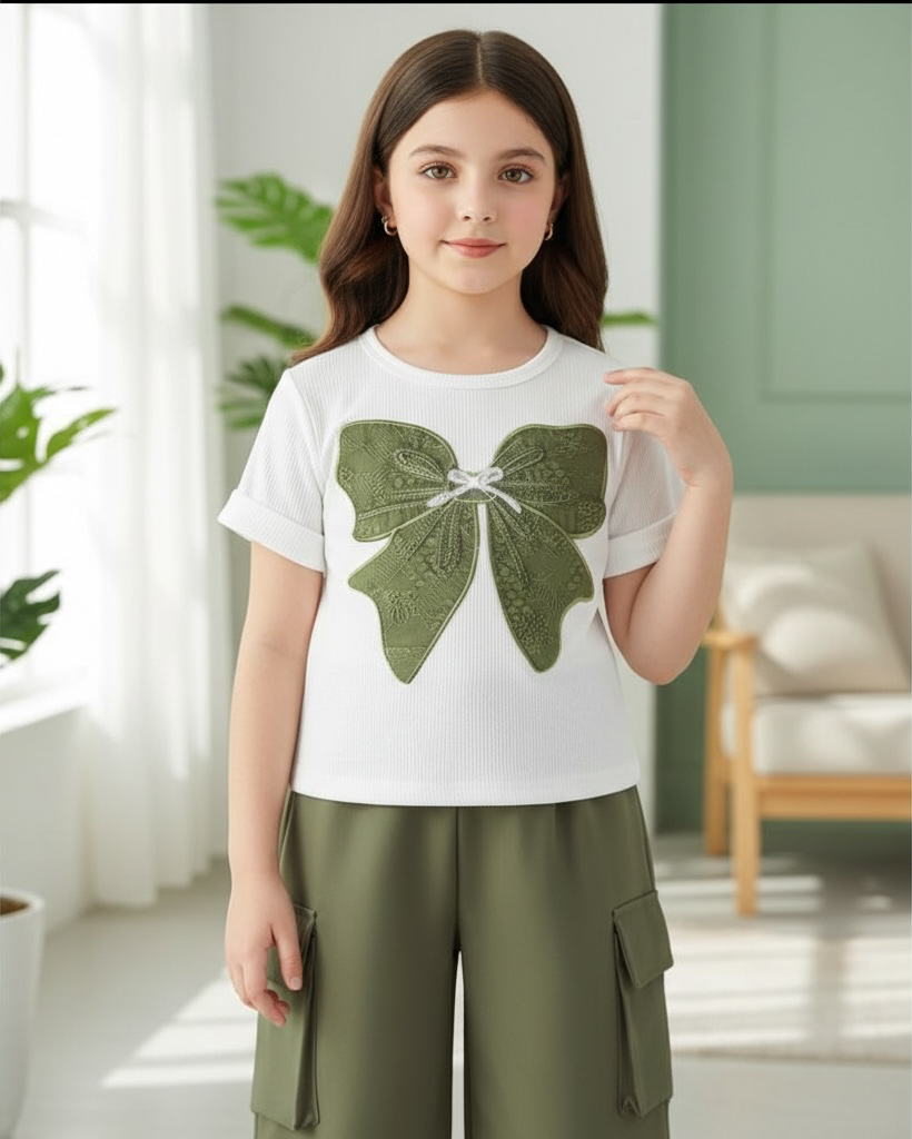 Girls’ Green Embroidered Bow  White Short Sleeve Top & Cargo Pants Set