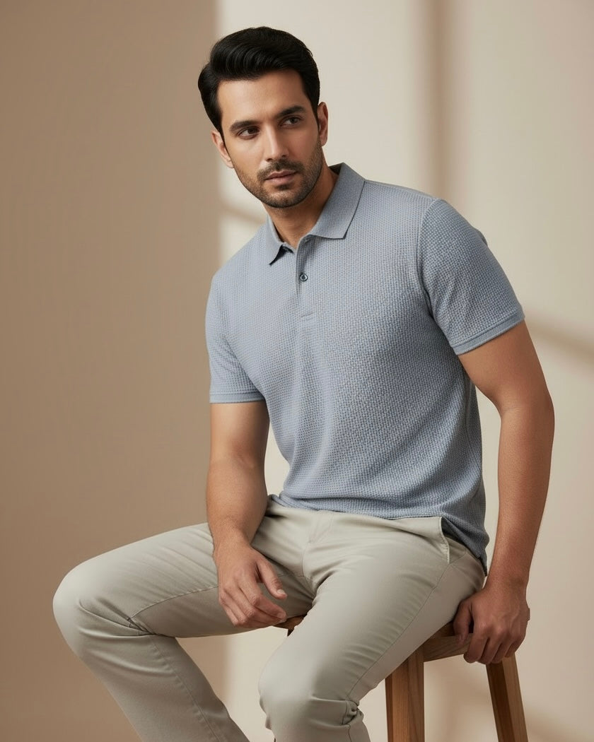 Men’s Grey Colour Half Sleeve Casual Textured Polo Shirt – Summer