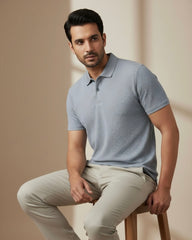Men’s Grey Colour Half Sleeve Casual Textured Polo Shirt – Summer