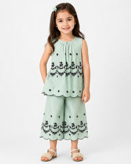 Girls Sleeveless Co-Ord Set – Green Printed Embroidered Hem Top & Wide-Leg Pants